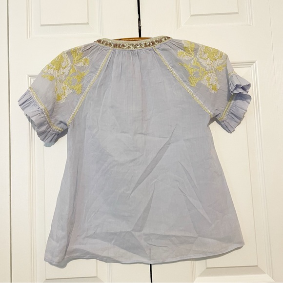 Rose and Rose Cross Stitch Embroidery Blue Top Size Small Short Sleeve Sequins - Picture 9 of 10